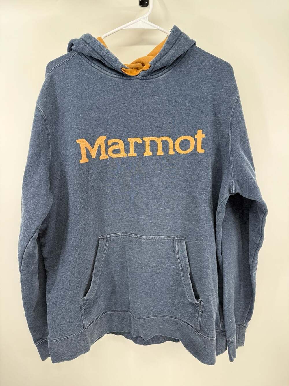 Marmot Men's Blue Pullover Logo Hoodie XL Heathered Navy with Yellow Lining